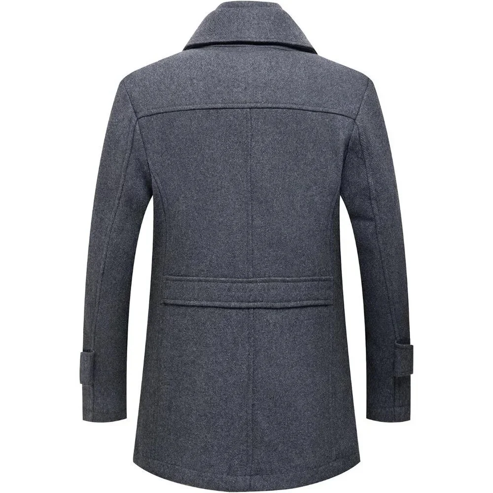 Men's Grey Wool Blend Coat Warm Winter Trench Coat With Detachable Soft Scarf